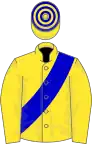 Yellow, blue sash, hooped cap