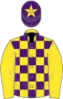 Yellow and purple check, yellow sleeves, purple cap, yellow star