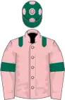 Pink, dark green epaulets and armlets, dark green cap, pink spots