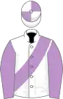 White, mauve sash and sleeves, quartered cap