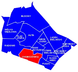 Location of the City Information System area of Chomiczówka within the district of Bielany.