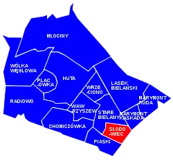 Location of Słodowiec within the district of Bielany, in accordance to the City Information System.