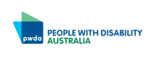 A blue square with PWDA in white text in the middle of the square. People with Disability Australia in large text next to it in blue and green.