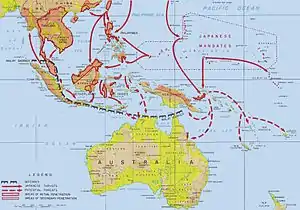 Image 41The Japanese advance through the Malay Barrier in 1941–1942 and feared offensive operations against Australia. (from Military history of Australia during World War II)