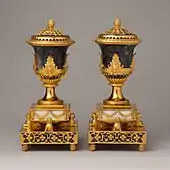 British Neoclassical pair of perfume burners; probably circa 1770; derbyshire spar, tortoiseshell, and wood, Carrara marble base, gilded brass mounts, gilded copper liner; 33 × 14.3 × 14.3 cm; Metropolitan Museum of Art