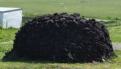 A stack of peat cut from the Earth in the Outer Hebrides, Scotland. Peat is partially decayed vegetative matter.