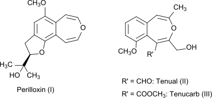 Structural formulae for perilloxin (I), tenual (II), and tenucarb (III)