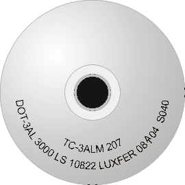  Diagram of a cylinder shoulder with stamp marking: TC3ALM 207 DOT-3AL 3000 LS 10822 LUXFER 08(testing authority stamp)04 S040