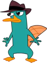 Color drawing of Perry the Platypus, standing upright, wearing a brown fedora.