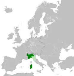 Kingdom of Sardinia in 1859; client state in light green