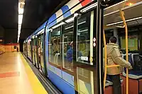 One of the light rail vehicles at Pinar de Chamartín, on line ML-1.