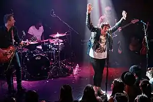 Plain White T's performing in 2015; from left to right: Tim Lopez, De'Mar Hamilton, Tom Higgenson, Mike Retondo.