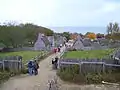 view from the fort at Plimoth Plantation, looking down a re-creation of Leyden Street, the first street in Plymouth