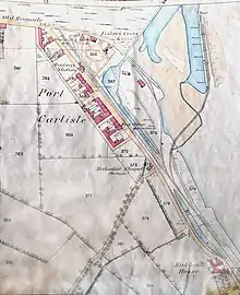 Map of Port Carlisle showing remains of canal basin, and the railway.