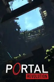 The cover art of Portal: Revolution, depicting the ceiling of a dilapidated test chamber with a large hole which sunlight pours through.