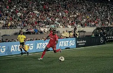 Prosper Kasim attacks right before he scores the game winner in the 2023 Open Cup vs Charlotte FC