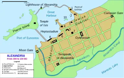 Plan of the city of Alexandria including road layout, major buildings, and hydrographical details.