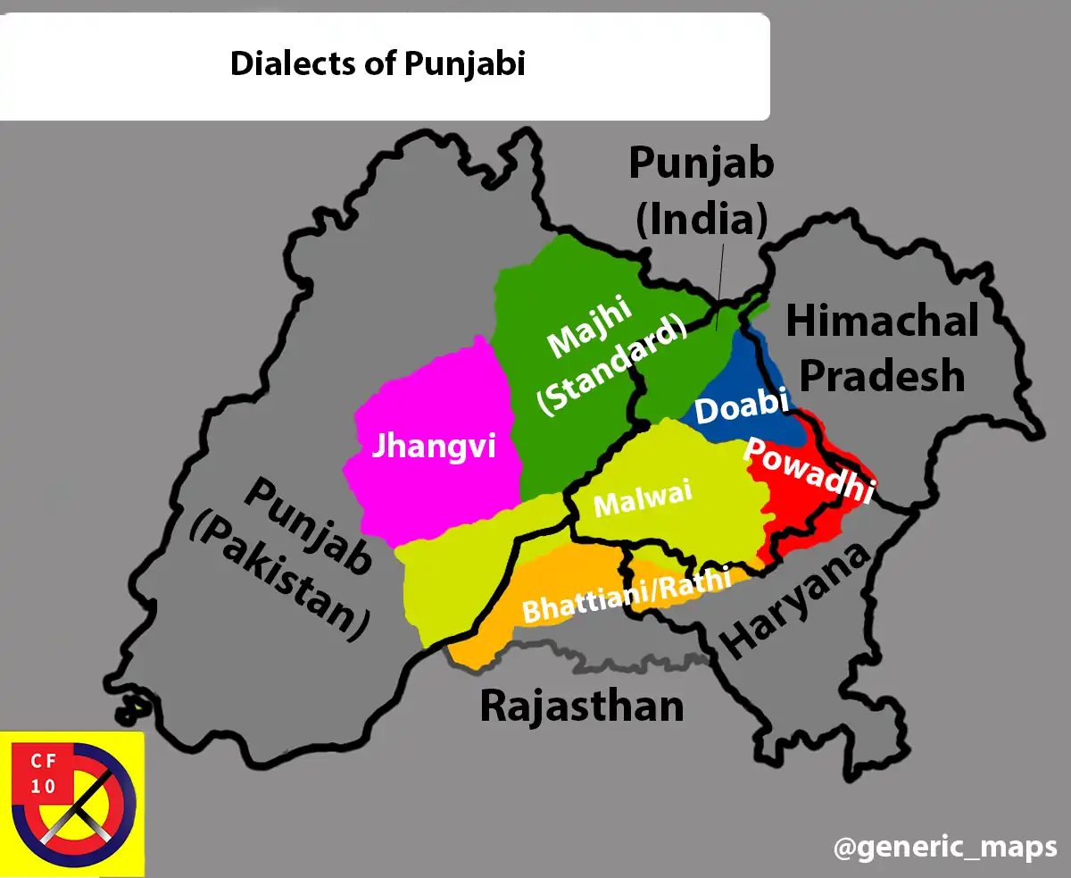 Geographical distribution of Punjabi dialects and languages.