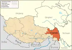 prefecture (orange) in Tibet Autonomous Region (light-orange)