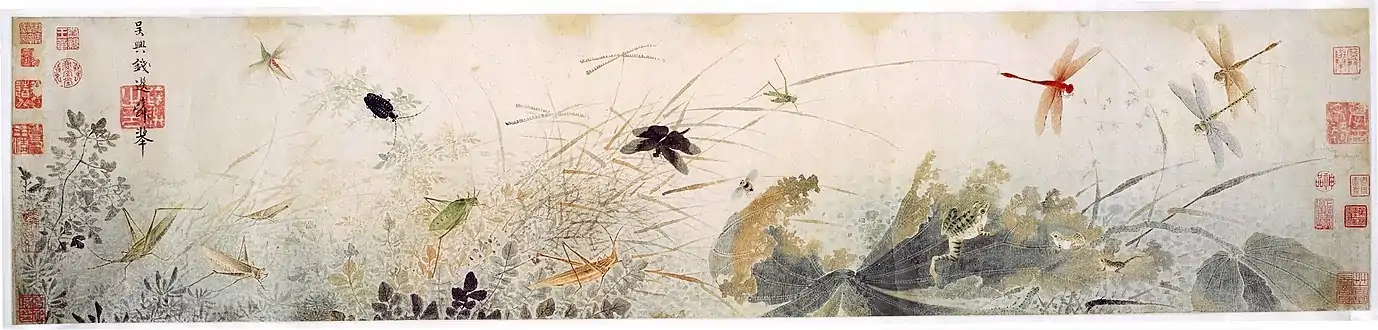 Early Autumn; by Qian Xuan; 13th century; ink and colors on paper scroll; 26.7 × 120.7 cm; Detroit Institute of Arts. The decaying lotus leaves and dragonflies hovering over stagnant water are probably a veiled criticism of Mongol rule