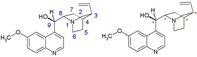 quinine carbon atom numbering scheme left and asymmetric centers right