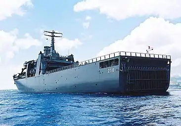 Port stern view of Endeavour at sea.