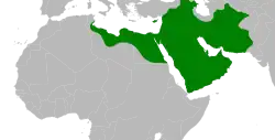 The Rashidun Caliphate at its greatest extent, under Caliph Uthman, c. 654