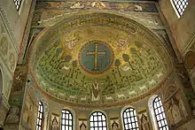 The apse is lavishly decorated with mosaics, such as the Crux Gemmata