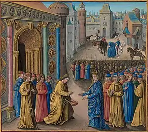  Painting of two men meeting in front of a city gate. Both men are in front of crowds of other people. The one on the left is bareheaded and holds his hat in one hand while he bows to the other figure, who is dressed in blue embroidered robes and wears a crown.