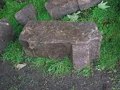 Recycled stones built into the weir beneath the bridge. One has the remains of two corbels and may well have come from the pre-1802 medieval castle.