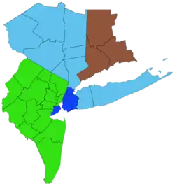 A color coordinated map of the 31 counties from New York, New Jersey, and Connecticut that are under the purview of the Regional Plan Association