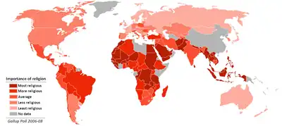 Relative degree of religiosity by country. Based on a 2006–2008 worldwide survey by Gallup.