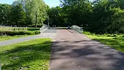 Grass, trees, a bridge, a cycling path and a pedestrian path in the park