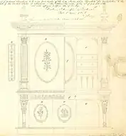 hand drafted front view of an ornate secretaire