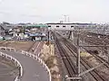 Rikuzen-Sannō Station with the freight yard on the right in January 2008