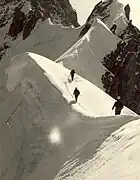 Alternating cornices on the Rochefort-Crest in the Mont Blanc area in the European Alps—always overhanging above the steeper face of the crest