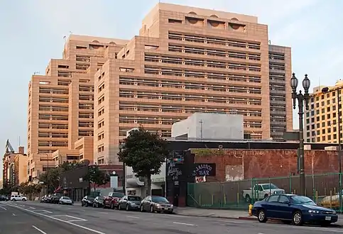 Ronald Reagan State Office Bldg. occupies the SE corner of 3rd & Spring today. Spring runs along its right side; this view looks south on Main St.