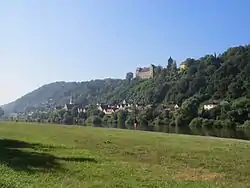 Rothenfels from the northeast across the Main, Rothenfels Castle in the background