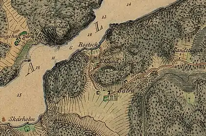 Rostock tavern in Sätra beside Lake Mälaren to the southwest of Stockholm, 1817 map