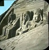 Colour photo of the Great Temple from the right, partially excavated, from before 1923