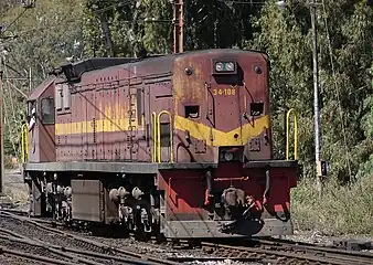 No. 34-108 in SAR Gulf Red and whiskers livery at Bloemfontein, Free State, 14 October 2009