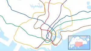 A map of the Singapore rail system, with a color for each line and a red dot highlighting the location of Haw Par Villa station