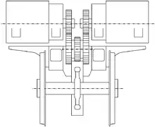 Sectioned view through the Winterthur Drive, showing the two coaxial motors, their drive gears to the layshaft below, then the third drive gear to the drive wheel on the axle