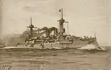 An illustration of a large warship steaming at high speed and creating a large bow wave