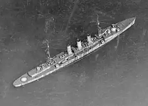 Aerial photo of Frankfurt moored during the test, with white targets painted on her deck