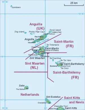 Map showing location of Saba relative to Sint Eustatius and Saint Martin.