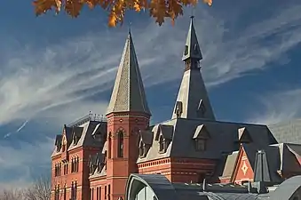 Collegiate Gothic style roof of the Sage Hall at Cornell Central Campus