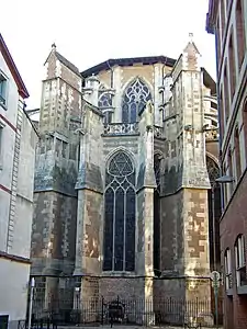 The chevet, or east end, with its massive buttresses