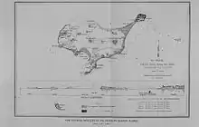 Black and white hand drawn survey map and elevation profile for Saint Paul Island and two neighboring islets: Walrus Island and Otter Island