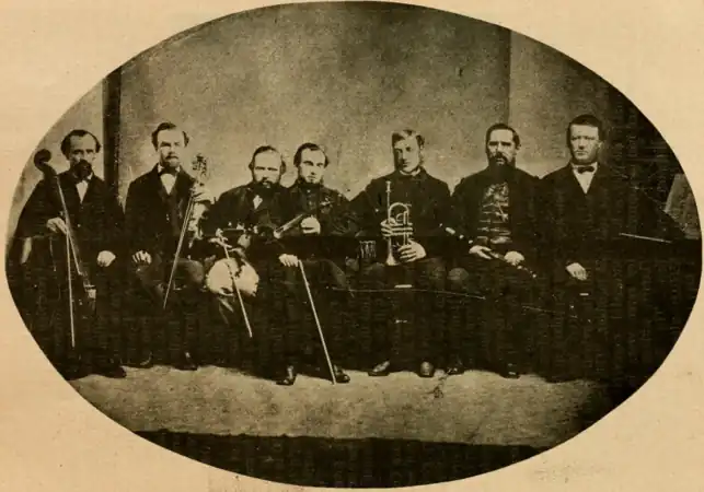 Salt Lake Theatre Orchestra 1868.From Left to Right: Joshua Midgley (Bass), Ebenezer Beesley (Cello), David W. Evans(Violin), George Careless (Director, violin), Mark Croxall (Cornet), Horace K. Whitney (Flute), Orson Pratt Jr.(Piano).